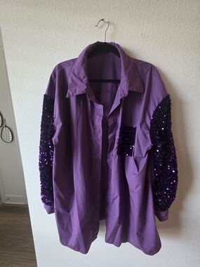 Purple Sequin Sleeve Button-Up Shirt Shein Curve